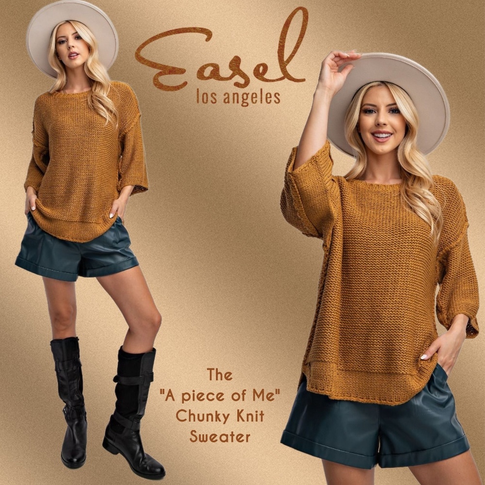 EASEL "A Piece of Me" Chunky Knit 3/4 Wide Dolman Sleeves Oversized Boxy Sweater